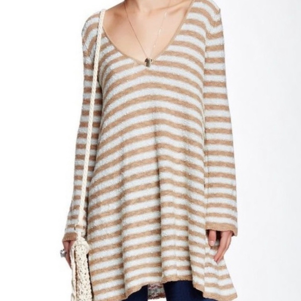 free people counting stripes knit tan striped swing dress / tunic